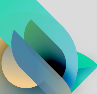 Soyut şekiller örtüşür, dinamik bileşim yaratır. Renkler harmanlanmış, mavi, yumuşak eğimli altın rengi. Modern tasarım akıcılığı ve hareketi çağrıştırır..