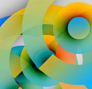 Üstüste binen şeffaf daireler içeren soyut bir kompozisyon. Renkler karışıyor, dinamik görsel deneyim yaratıyor. Şekiller hareketi, derinliği gösteriyor..