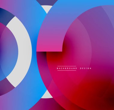 Soyut çemberler çakışıyor, canlı gradyanlar yaratıyor. Mavi, mor, pembe, kırmızı renkler kusursuz bir şekilde harmanlanır. Modern tasarım ögesi.