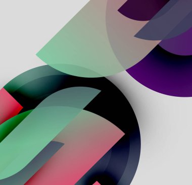 Soyut kompozisyon. Üstüste binen yarı saydam şekiller dinamik görsel efekt yaratır. Renkler harmanlanır, değişkenler oluşur, kıvrımlar dizayna hakim olur.