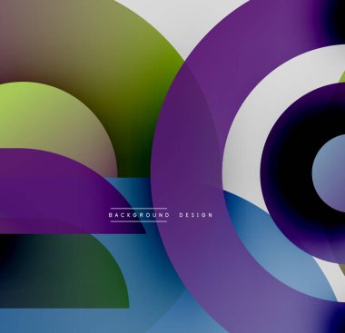 Soyut renkli çakışan daireler dinamik arkaplan oluşturur. Gradyan gölgeler harmanlanarak modern görsel tasarım oluşturur.