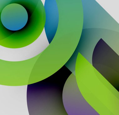 Üst üste binen daireler, gradyanlar içeren soyut kompozisyon. Yeşiller, maviler palete hakim. Minimalist tasarım, modern estetik.