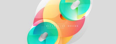 Soyut renkli şekiller örtüşür, dinamik görsel efekt yaratır. Yumuşak gradyanlar, beyaz elementler modern tasarımı geliştirir.