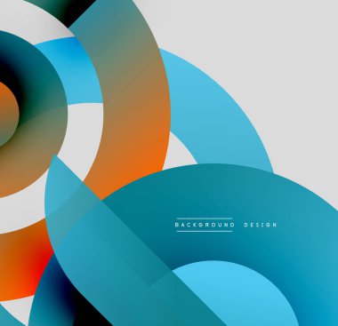 Soyut katmanlar örtüşüyor, dinamik görsel etki yaratıyor. Mavi, turuncu, gri renkler düzgün bir şekilde harmanlanır. Modern tasarım ögesi.