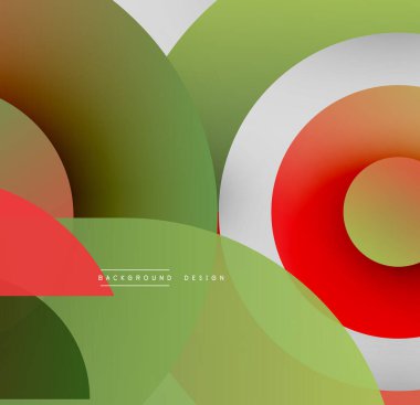 Soyut kompozisyon. Üst üste binen daireler, dikdörtgenler dinamik görsel efekt yaratır. Renkler karışır, değişkenler oluşur. Modern tasarım ögesi.