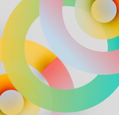 Soyut daireler örtüşür, canlı renk karışımları yaratır. Yumuşak eğimler derinlik ve dinamik bileşim önerir..