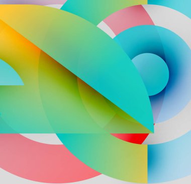 Soyut kompozisyon. Üst üste binen renkli şekiller dinamik görsel efekt yaratır. Gradyanlar renkleri karıştırır, sıvı formları oluşturur.