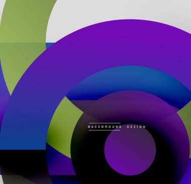 Soyut kompozisyon, üst üste binen daireler, kareler. Canlı mor, mavi, yeşil renkler tasarımda baskın. Modern estetik.