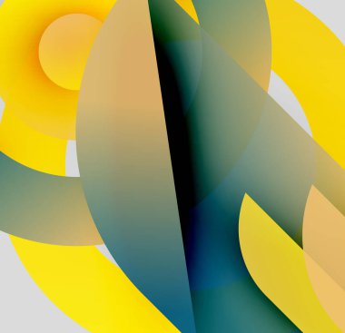 Soyut kompozisyon. Üst üste binen şekiller, gradyanlar, sıcak, serin tonlar dinamik görsel deneyimler yaratır. Modern tasarım.