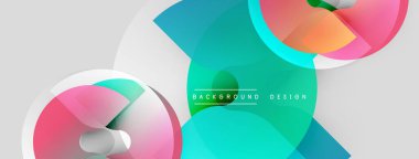 Soyut geometrik şekiller, canlı renkler, üst üste binen katmanlar modern tasarım yaratır. Yumuşak eğimler, dairesel elementler kompozisyona hakim..