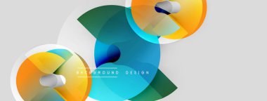 Soyut şekiller, canlı renkler, modern tasarım. Üst üste binen daireler dinamik bileşimler yaratır, temiz estetik. Arkaplan açık gri.