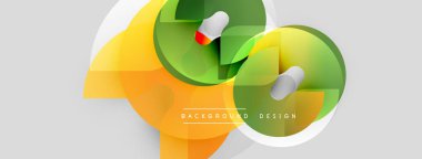 Soyut renkli tasarım. Pürüzsüz şekiller örtüşür, dinamik görsel efekt yaratır. Turuncu, yeşil, beyaz renkler kompozisyona hakim. Modern arkaplan ögesi.