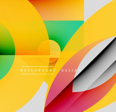 Soyut geometrik şekiller çakışıyor. Canlı renkler dinamik bileşim yaratır. Modern tasarım elementleri enerji, hareket.