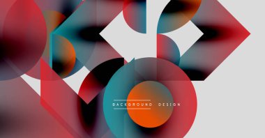 Soyut renkli tasarım. Üst üste binen daireler, kareler dinamik görsel efektler yaratır. Çeşitli projeler için modern arkaplan.