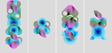 Soyut renkli şekiller çakışıyor ve akışkan bileşimler oluşturuyor. Gradyan renkler harmanlanır, dinamik görsel desenler oluşturur. Minimalist tasarım, modern estetik.