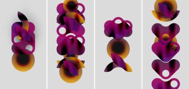 Soyut sanat eserleri. Dört panelde akan mor turuncu şekiller var. Yumuşak eğimler derinlik yaratır, görsel uyum. Minimalist tasarım.