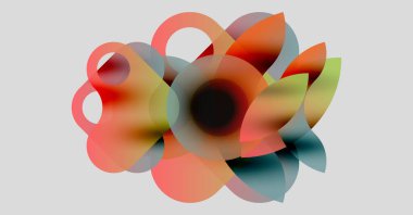 Soyut kompozisyon. Üstüste binen şeffaf şekiller canlı renk karışımları yaratarak dinamik çiçek izleri oluşturur. Yumuşak eğimler, modern tasarım.