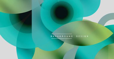 Üstüste binen şeffaf daireler içeren soyut bir kompozisyon. Renkler harmanlanmış turkuaz, yeşil, beyazlatıcı görsel etki. Modern tasarım ögesi.