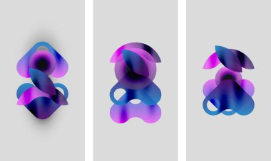 Soyut şekiller, mor renkler, katmanlı şekiller. Minimalist tasarım, yumuşak eğilimler, modern sanat sunumu. Üç panel, ince gölgeler, temiz estetik..