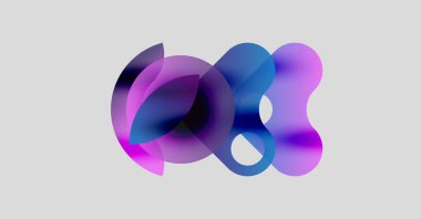 Soyut şekiller örtüşüyor, canlı mor, mavi renkler yaratıyor. Yumuşak eğimler akışkanlık ve tarafsız arkaplan içinde hareket olduğunu gösteriyor.