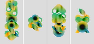 Üst üste binen renkli daireler içeren soyut kompozisyonlar. Gradyan renkler yeşil, sarı, mavi karışımı sıvı formlar oluşturuyor. Minimalist tasarım, modern estetik.