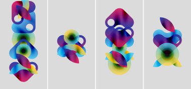 Soyut renkli şekiller örtüşür, dinamik kompozisyonlar oluşturur. Dört panel varyasyonları gösterir, gradyanlar mavi, mor, sarı renkler arasında kayar.