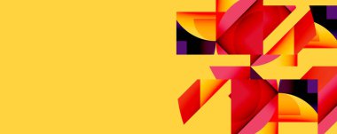 Soyut geometrik bileşim. Canlı kırmızılar, portakallar, sarılar dinamik görsel etki yaratır. Modern tasarım, kalın şekiller, zıt renkler.