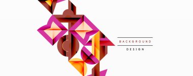 Soyut geometrik şekiller örtüşür, dinamik bileşim yaratır. Beyaz uzayla zıt, sıcak renkler baskın. Modern tasarım ögesi.