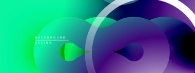 Soyut sıvı şekilleri, canlı gradyanlar. Mor 'a yeşil geçişler, modern arka plan tasarımı yaratıyor. Düz eğriler, çakışan biçimler.