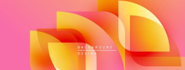 Soyut geometrik şekiller örtüşür, canlı gradyanlar yaratır. Pembe, turuncu, sarı renkler tasarımda baskın. Modern, dinamik kompozisyon.