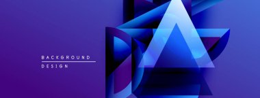 Soyut geometrik tasarım. Mavi gradyanlar katmanlı şekiller oluşturur, modern estetik. Metin arka plan tasarımı okur. Minimalist kompozisyon.