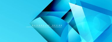 Soyut mavi geometrik şekiller dinamik arkaplan yaratır. Modern tasarım, gradyanlar, katmanlar, metin elementleri içerir. Parlak, temiz estetik.