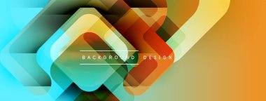 Soyut geometrik desen. Canlı renkler karışıyor, dinamik bir arkaplan oluşturuyor. Üst üste binen kareler derinlik, modern estetik.