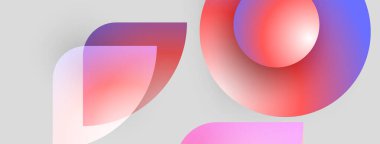 Soyut şekiller, canlı renklerin karışımı. Gradyan renkler modern tasarım yaratır. Yumuşak gölgeler derinliği, görsel uyumu gösterir..