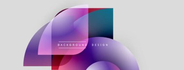 Soyut şekiller örtüşüyor, canlı gradyanlar yaratıyor. Mor, mavi, kırmızı renkler tasarımda baskın. Metin arka plan tasarımı okur. Minimalist estetik.