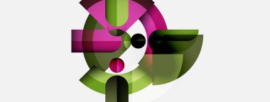 Üst üste binen daireler, kareler, canlı pembeler ve yeşillikler içeren soyut kompozisyon. Geometrik şekilli minimalist tasarım, temiz çizgiler, beyaz arkaplan.