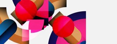 Üst üste binen renkli şekiller içeren soyut bir kompozisyon. Daireler, dikdörtgenler, kıvrımlar dinamik görsel deneyimler yaratır. Parlak renkler beyaz arkaplana hakim.