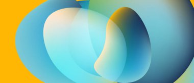 Soyut şekiller örtüşür, yumuşak eğimler yaratır. Sarı arka plan, serin mavilerle çelişiyor. Sıvı hareketi çağrıştırıyor. Minimalist tasarım.