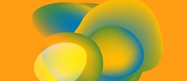 Soyut şekiller örtüşür, canlı renkler harmanlanır. Sarılar, yeşiller, maviler turuncu zemine karşı sıvı formlar oluşturur. Modern tasarım.