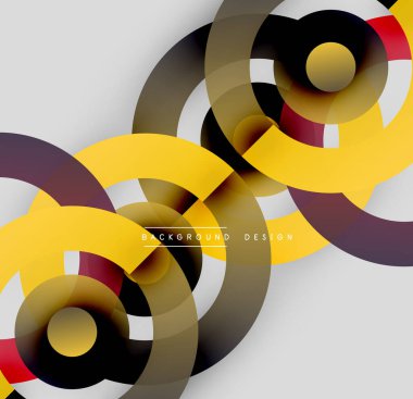 Soyut daireler çakışıyor, dinamik görsel etki yaratıyor. Sarı, siyah, kahverengi renkler nötr arka plana hakim. Modern tasarım ögesi.