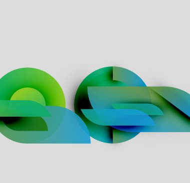 Soyut şekiller örtüşüyor, parlak mavi, yeşil gradyanlar yaratıyor. Minimalist tasarım, modern estetik, hafif arkaplan kompozisyona hakim..