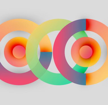 Renkli üst üste binen daireler soyut tasarım yaratır. Gradyan renkler harmanlanır ve dinamik görsel kompozisyon oluşturur. Modern, canlı, geometrik desen.