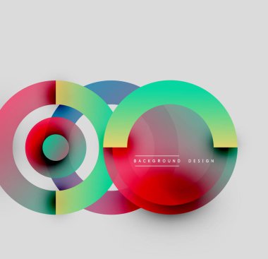 Soyut renkli çemberler çakışıyor. Modern tasarım canlı renkler, gradyanlar, basit şekiller içerir. Arkaplan açık gri.