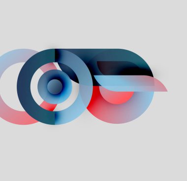 Soyut tasarım özellikleri üst üste binen daireler, gradyanlar. Mavi, kırmızı renkler tarafsız arkaplana hakim. Modern, minimalist estetik.