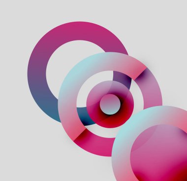 Soyut kompozisyon. Üst üste binen renkli çemberler dinamik görsel efekt yaratır. Gradyan tonlar, modern tasarım, basit geometri.