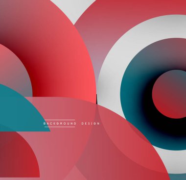 Soyut geometrik şekiller çakışıyor. Kırmızı, deniz mavisi, beyaz renkler modern tasarım yaratır. Yumuşak geçişler, dinamik kompozisyon.