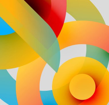 Soyut renkli şekiller örtüşür, dinamik görsel efekt yaratır. Parlak renkler harmanlanır, modern kompozisyonu oluşturur.