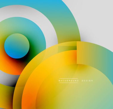 Soyut çemberler çakışıyor, canlı gradyanlar yaratıyor. Sarı, turuncu, deniz mavisi, mavi renkler dizaynda baskın. Minimalist, modern estetik.