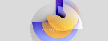 Soyut tasarım özellikleri üst üste binen daireler, gradyanlar. Renkler arasında mavi, turuncu, beyaz var. Metin arka plan tasarımı okur. Modern estetik.