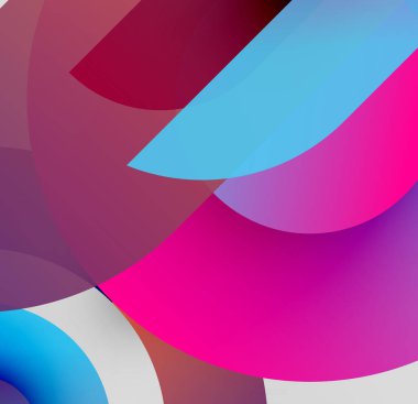 Soyut kompozisyon. Üst üste binen şekiller canlı renk değişimleri yaratır. Pembe, mavi, kestane rengi görsel alana hakim. Yumuşak geçişler biçimleri tanımlar.